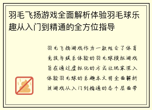 羽毛飞扬游戏全面解析体验羽毛球乐趣从入门到精通的全方位指导